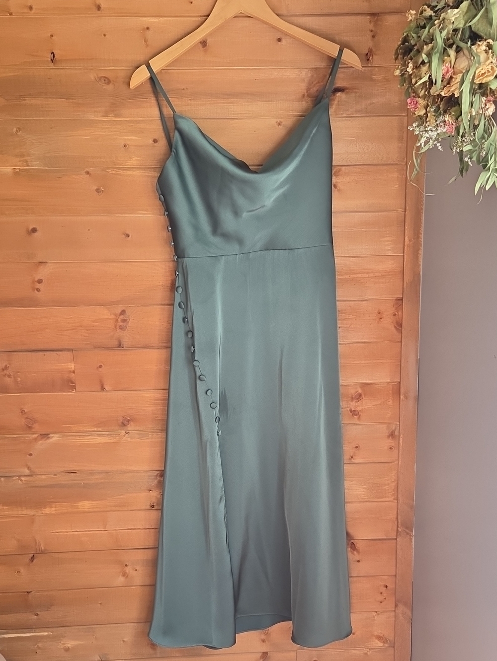 Azazie Emerald Satin Slip Dress with Side Button Trim